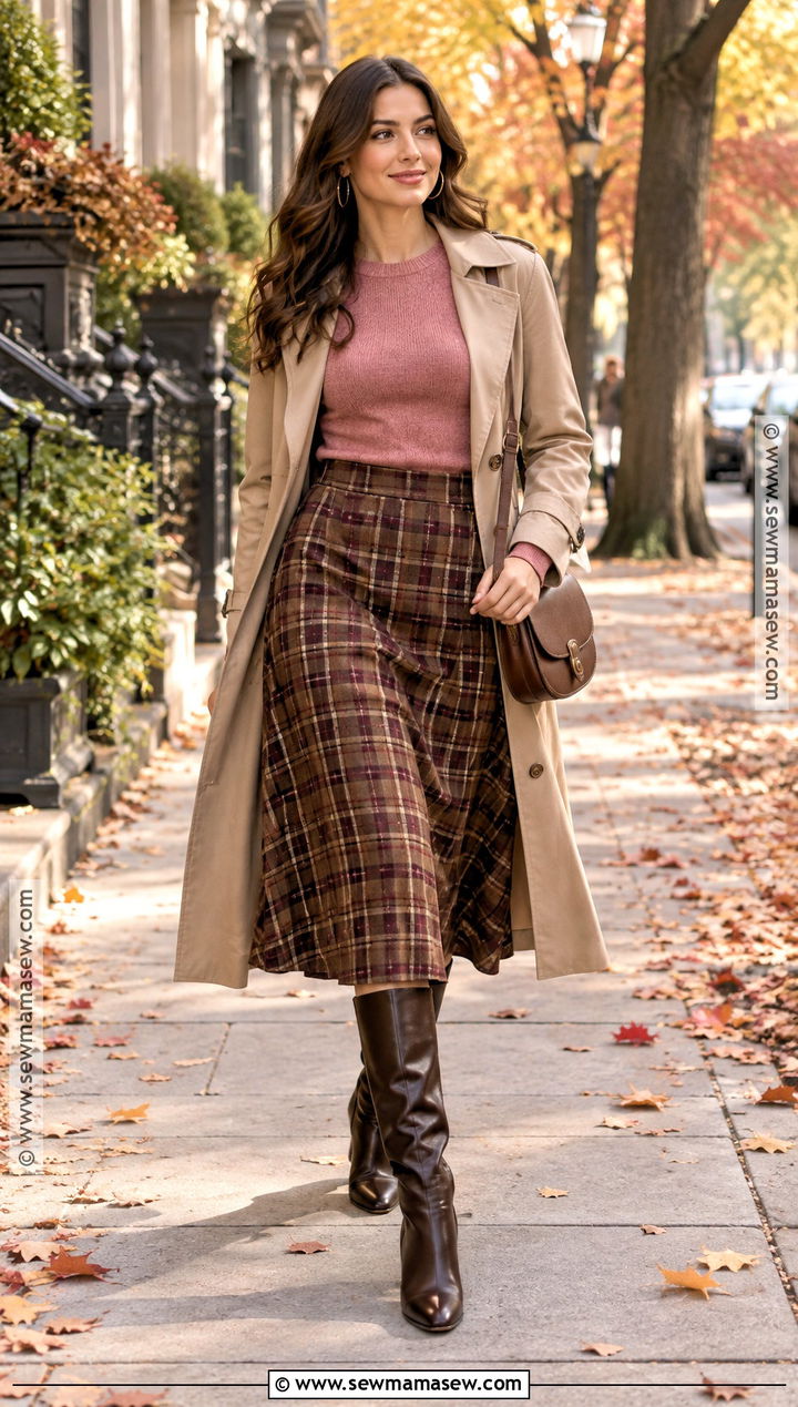 Pink Sweater With Plaid Midi Skirt - 15 cozy pink sweater fall fashion ideas