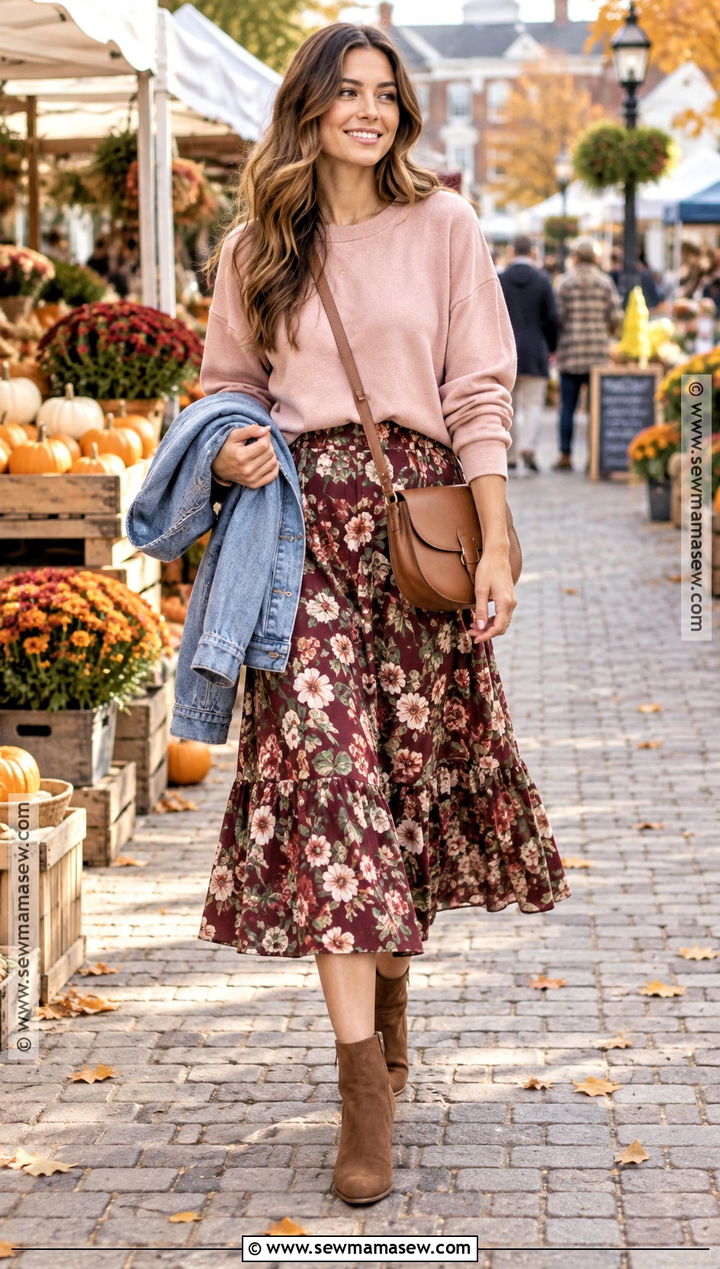 Pink Sweatshirt And Floral Skirt Autumn Outfit - 25 pink autumn outfit ideas