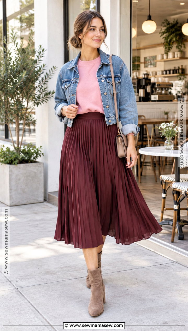 Pink Sweatshirt and Pleated Midi Skirt Outfit - 25 pink fall outfits
