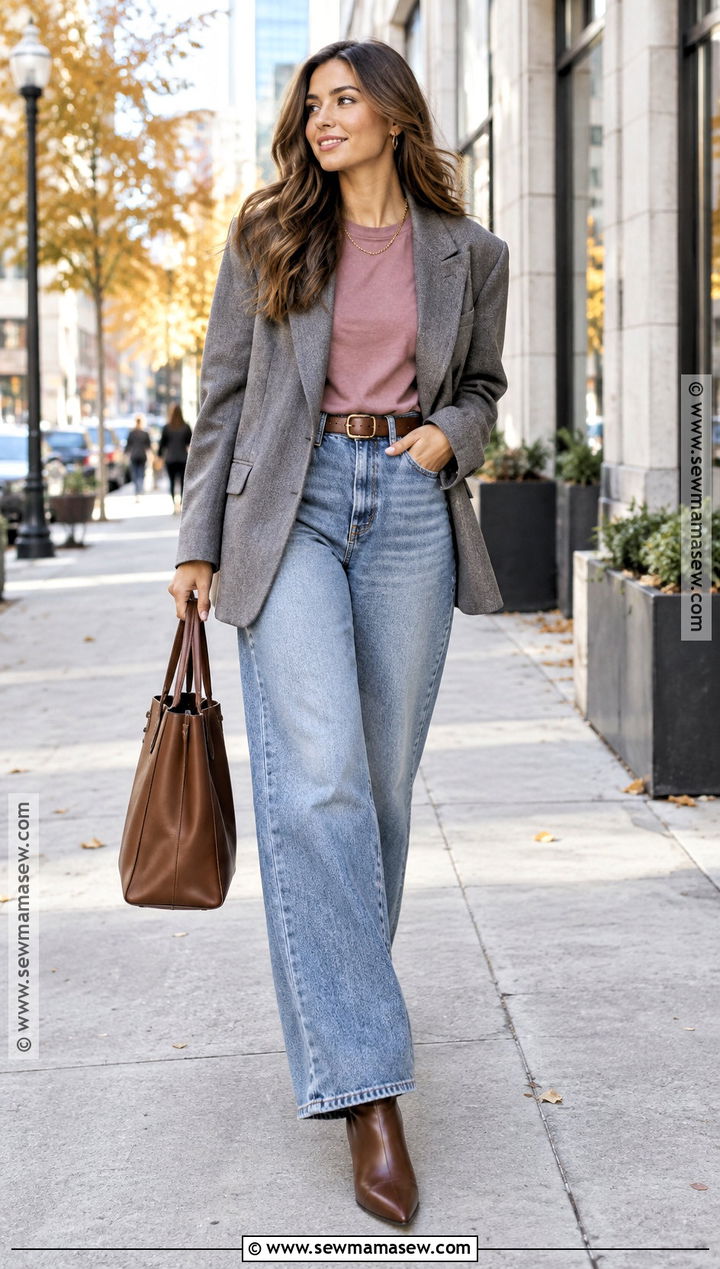 Pink T Shirt With Blazer And Wide Leg Jeans - 15 Pink Top Fall Outfit Ideas