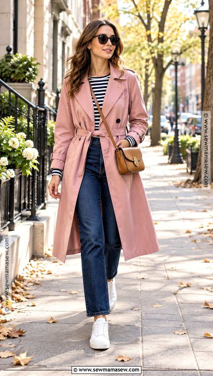 Pink Trench Coat With A Striped Top And Jeans - 15 autumn pink coat style ideas