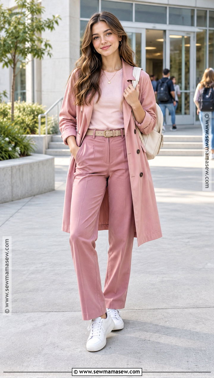 Pink Trench Coat and Monochrome Outfit - 20 pink back to school outfits