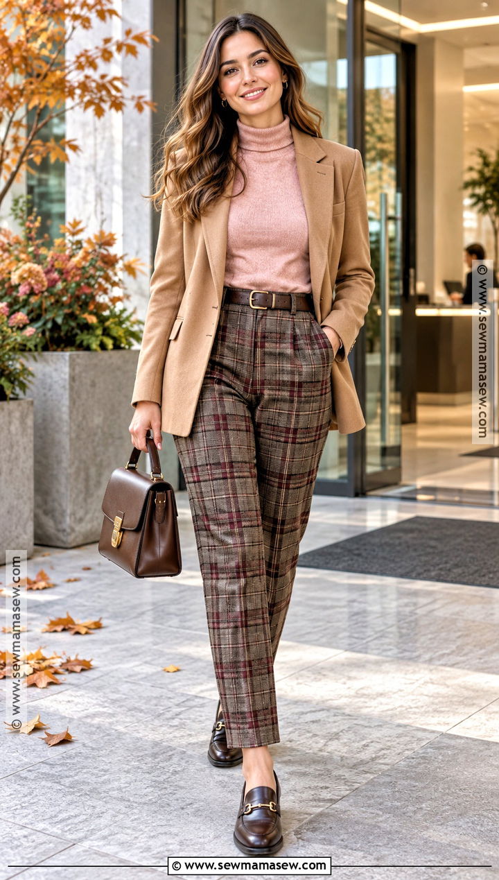 Pink Turtleneck And Plaid Trousers Outfit - 20 pink outfits autumn