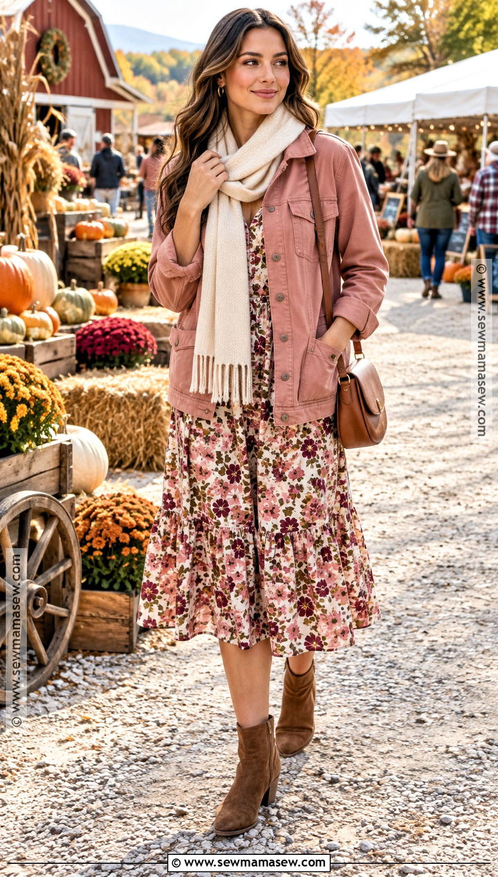 Pink Utility Jacket and Floral Midi Dress Outfit - 25 pink fall outfits