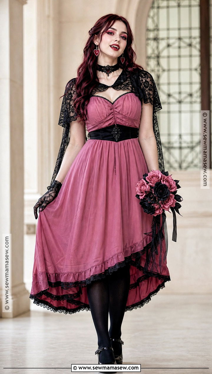 Pink Vampire Costume With Black Lace - 30 Halloween Vampire Costumes for Women
