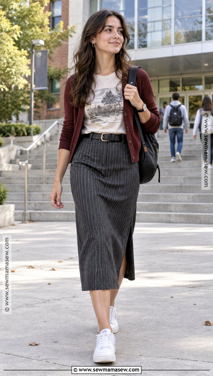 Pinstripe Midi Skirt With Graphic Tee And Sneakers - 15 Back To School Skirt Styles