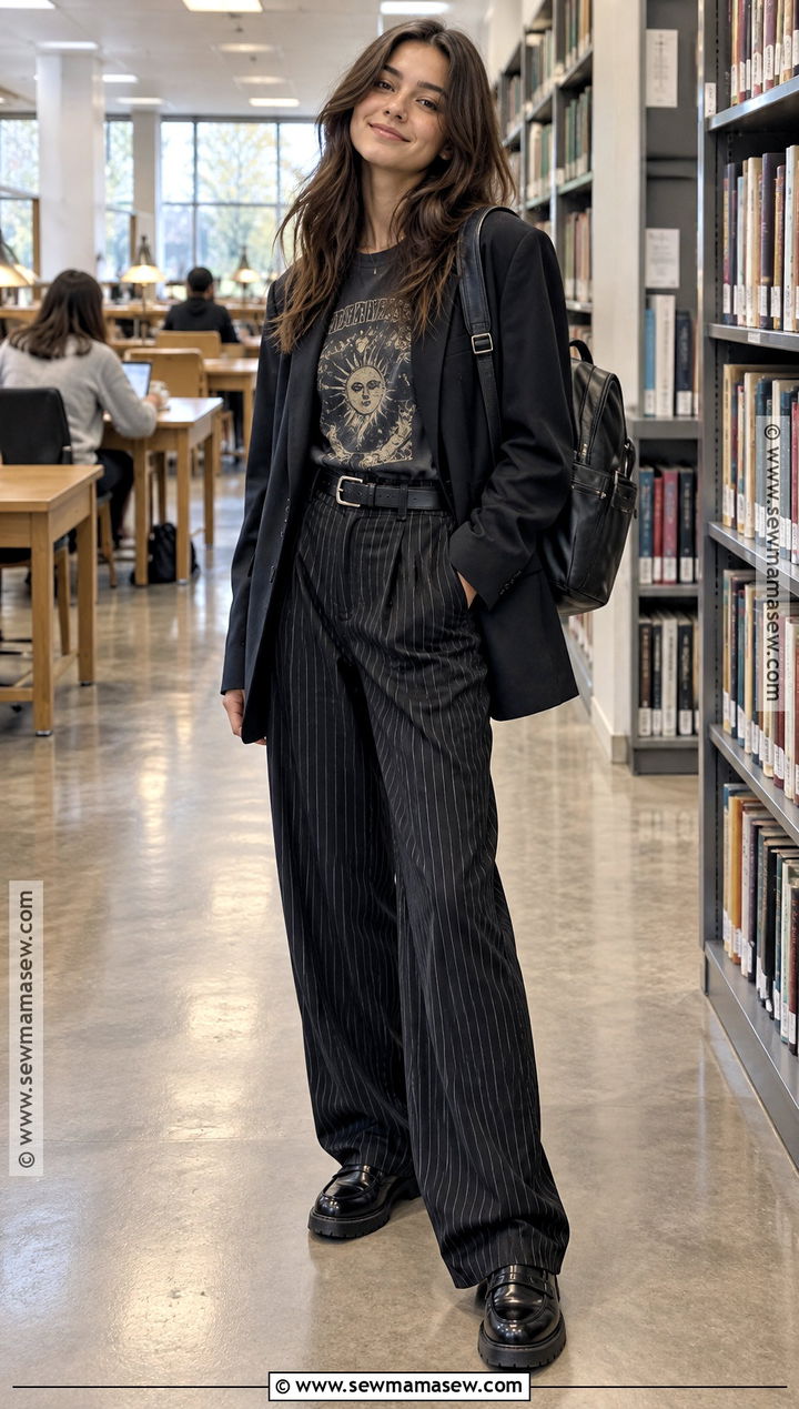 Pinstripe Pants And Band Tee Outfit - 15 edgy back to school outfits