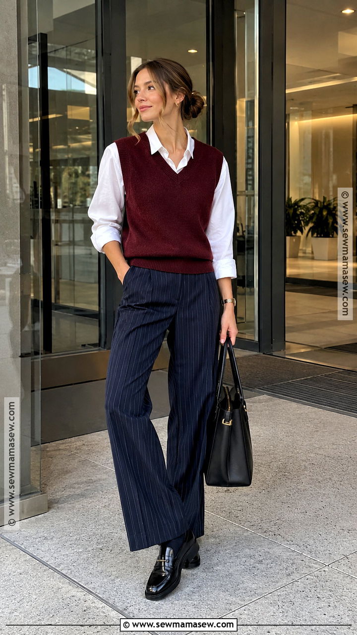 Pinstripe Trousers And Sweater Vest Fall Outfit - 20 pants fall outfit