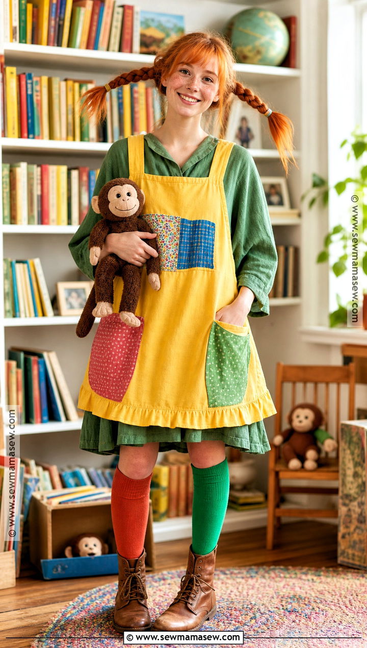 Pippi Longstocking Costume With Green Dress And Yellow Apron - 35 pippi longstocking costume ideas