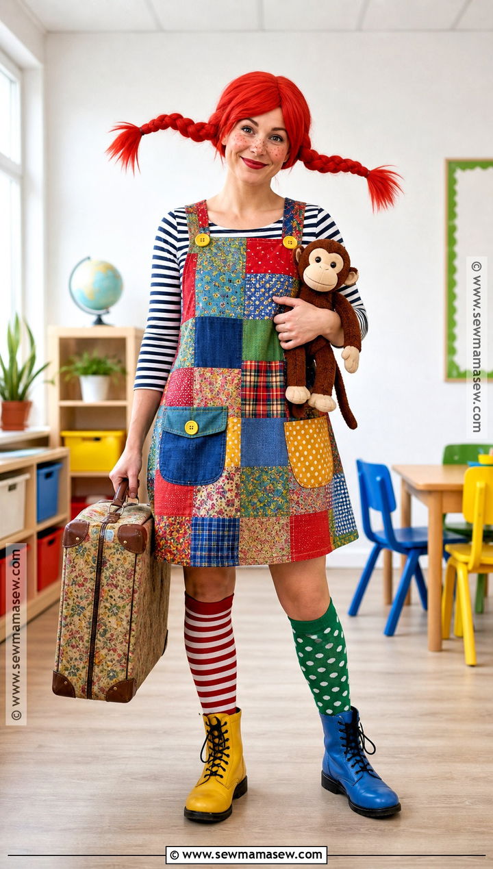Pippi Longstocking Costume With Patchwork Dress - 30 teacher book character costumes