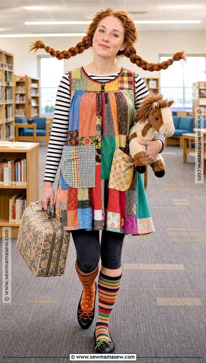 Pippi Longstocking Costume With Patchwork Dress - 40 world book day costumes for teachers