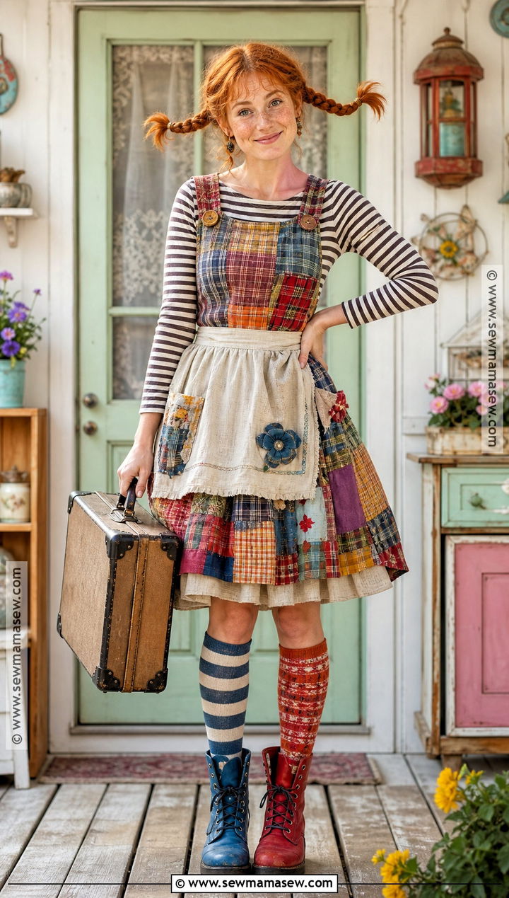 Pippi Longstocking Costume With Patchwork Dress - 30 ginger hair costume ideas