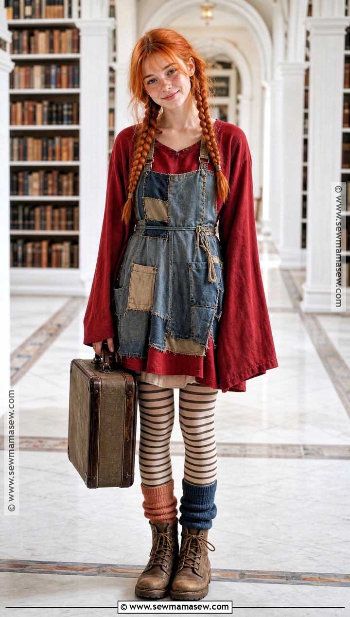 Pippi Longstocking Costume With Red Dress And Blue Apron - 35 pippi longstocking costume ideas