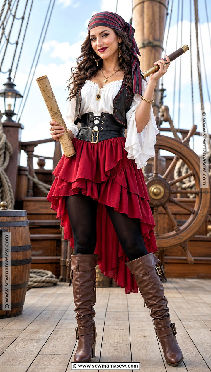 Pirate Costume With Red Layered Skirt - 30 Red Skirt Halloween Costume Ideas