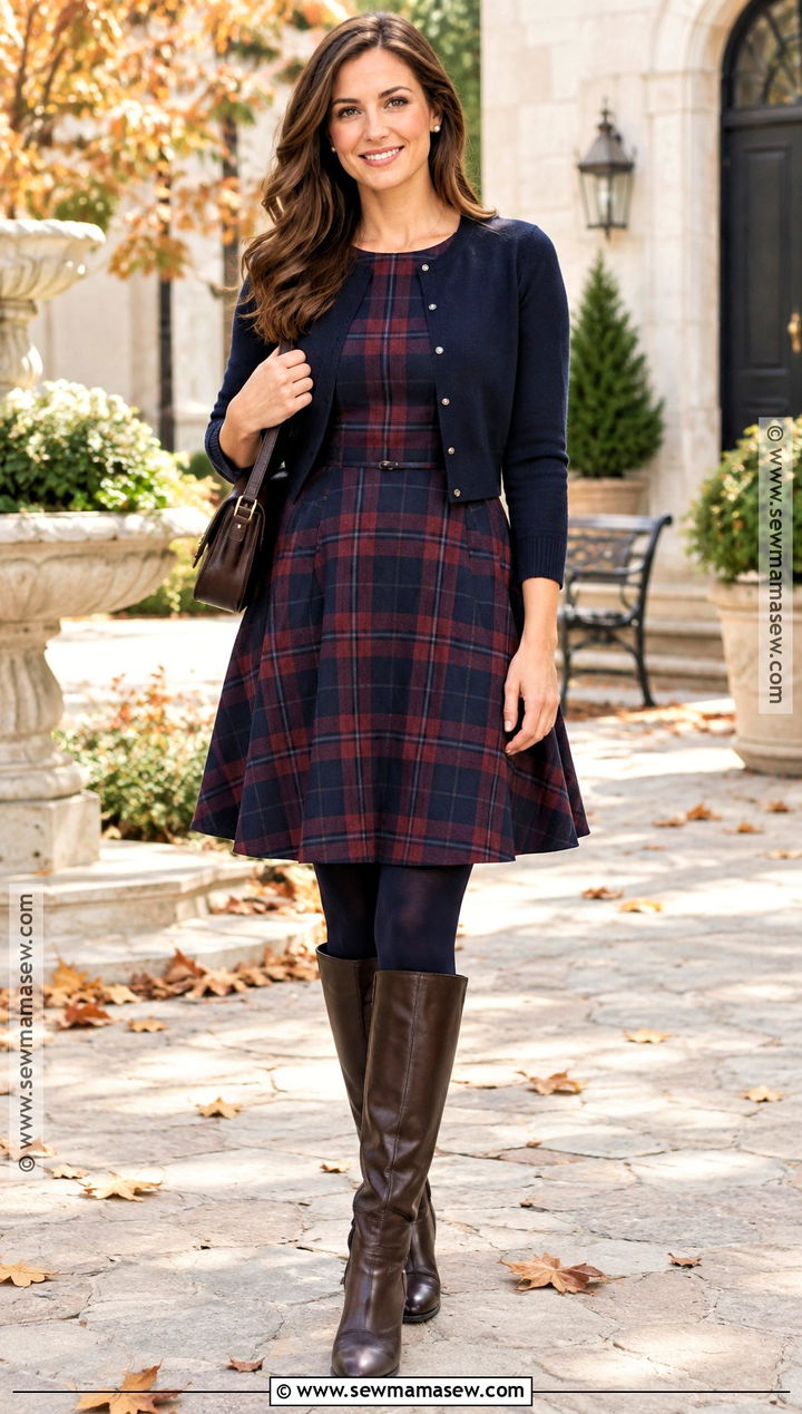 Plaid A Line Dress With Cropped Cardigan And Tall Boots - 20 plaid dress outfit fall ideas