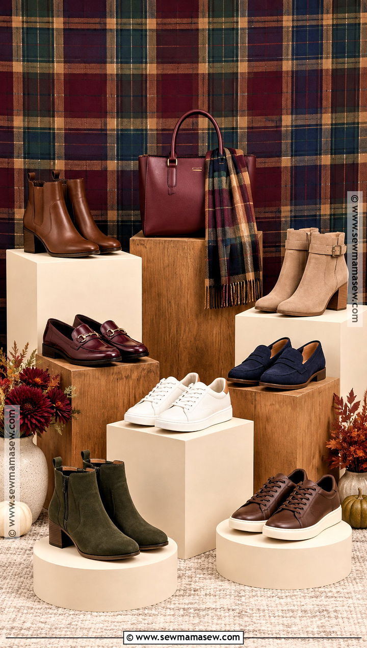 Plaid Backdrop Fall Shoe Display - 15 Fall Shoe Collection Display Ideas