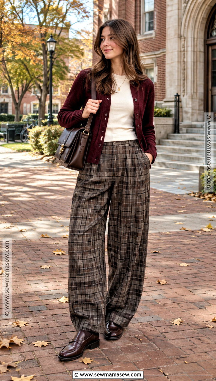 Plaid Baggy Pants With Cardigan And Loafers - 15 Fall Baggy Pants Outfit