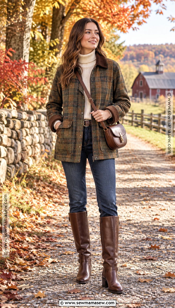 Plaid Barn Coat With Blue Jeans - 25 autumn coat outfit ideas
