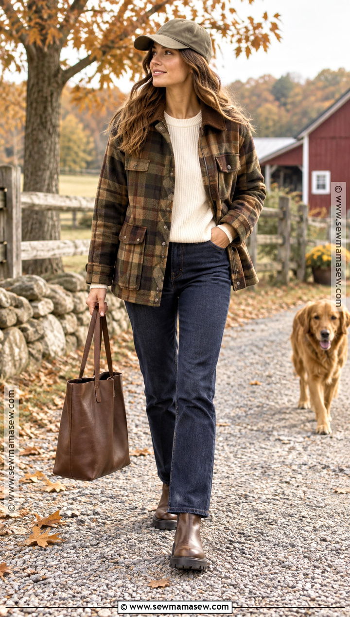 Plaid Barn Jacket With Dark Jeans - 15 Fall Plaid Fashion Style Ideas