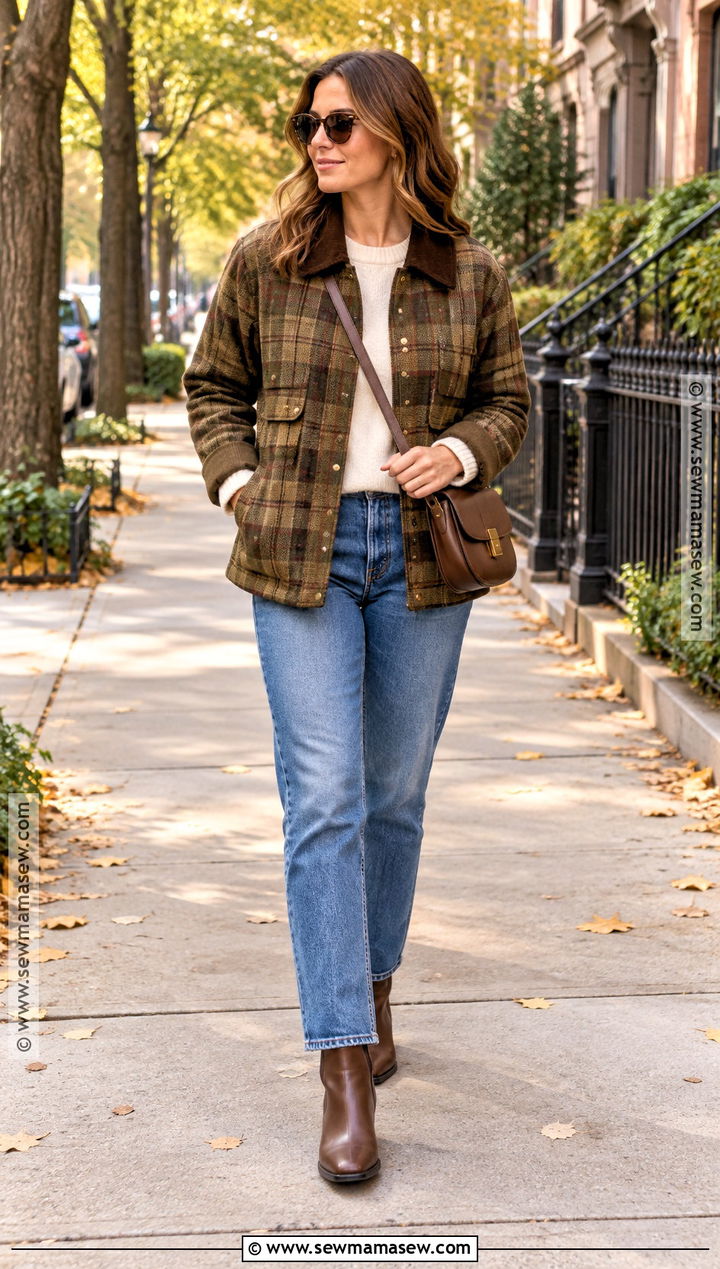 Plaid Barn Jacket With Straight Leg Jeans - 15 fall plaid jackets for women