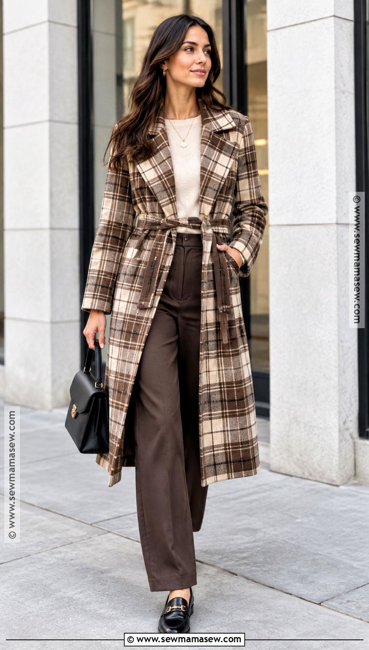 Plaid Belted Trench Coat With Neutral Knit And Trousers - 15 belted trench coat fall fashion ideas