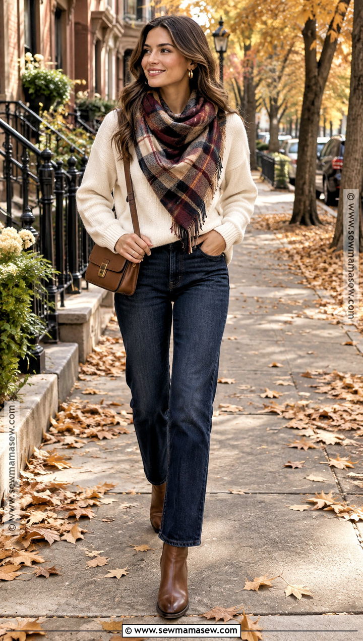 Plaid Blanket Scarf With Sweater And Jeans - 15 Fall Outfit Ideas With Scarves
