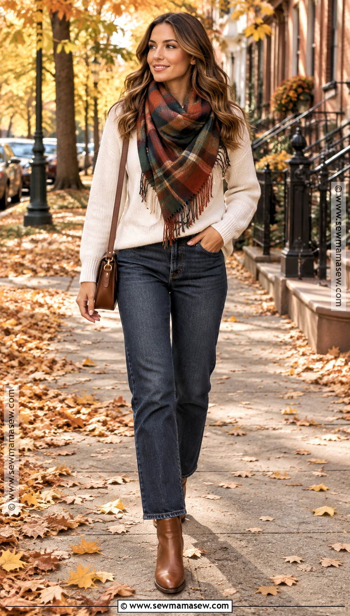 Plaid Blanket Scarf With Sweater And Jeans - 25 autumn scarf ideas