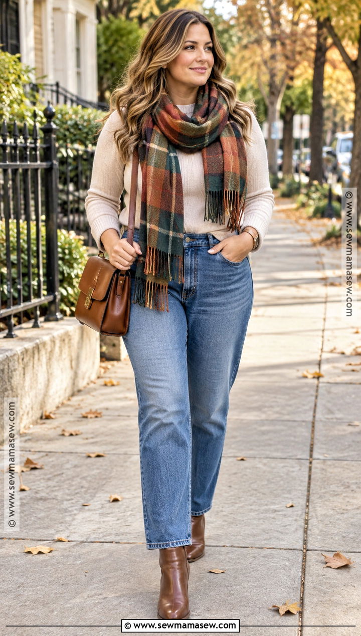 Plaid Blanket Scarf With Sweater And Jeans - 15 creative scarf ideas for fall