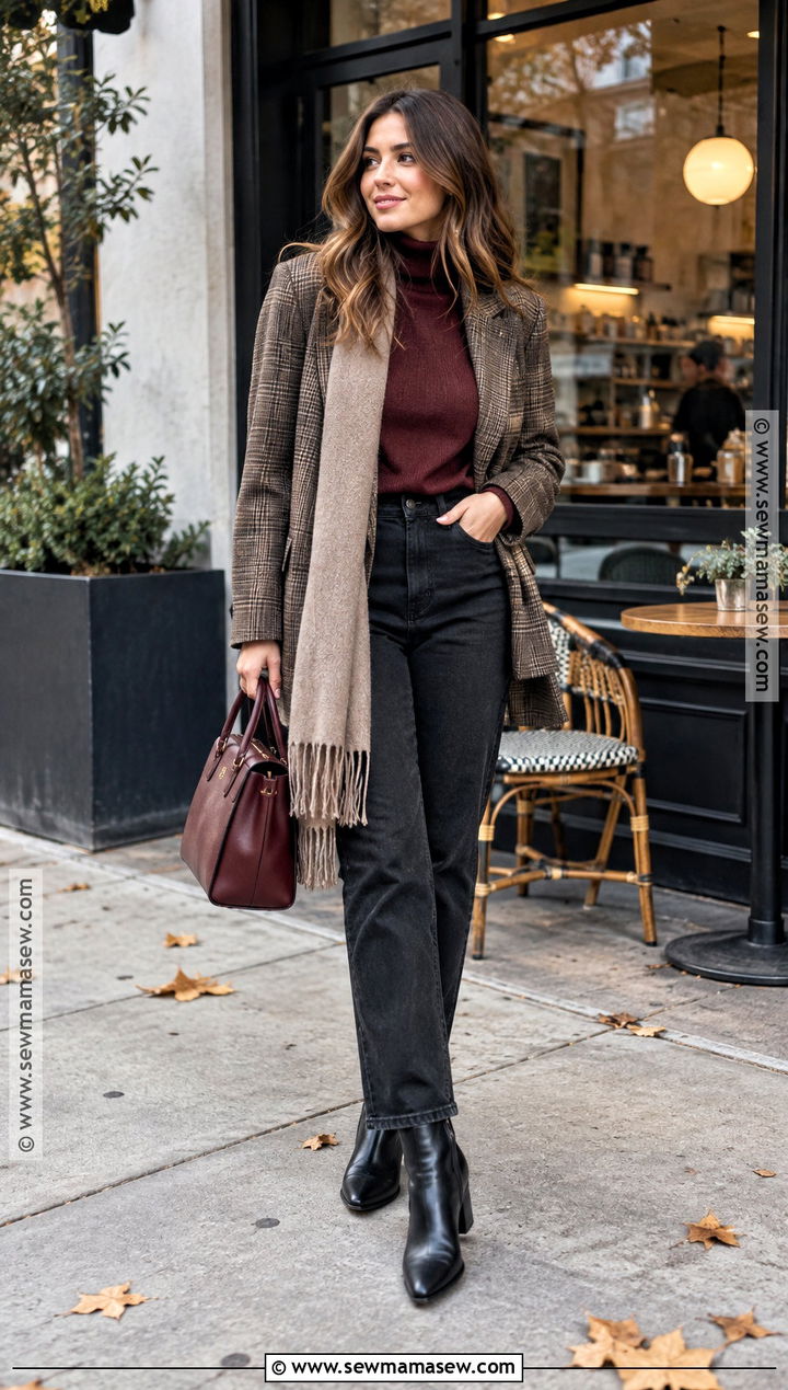 Plaid Blazer And Black Jeans Cold Autumn Outfit - 25 cold autumn outfits