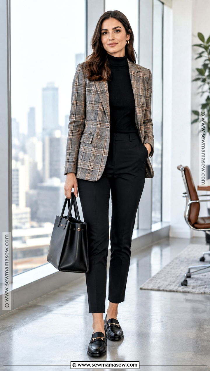 Plaid Blazer And Black Pants Fall Work Outfit - 25 fall work outfit ideas