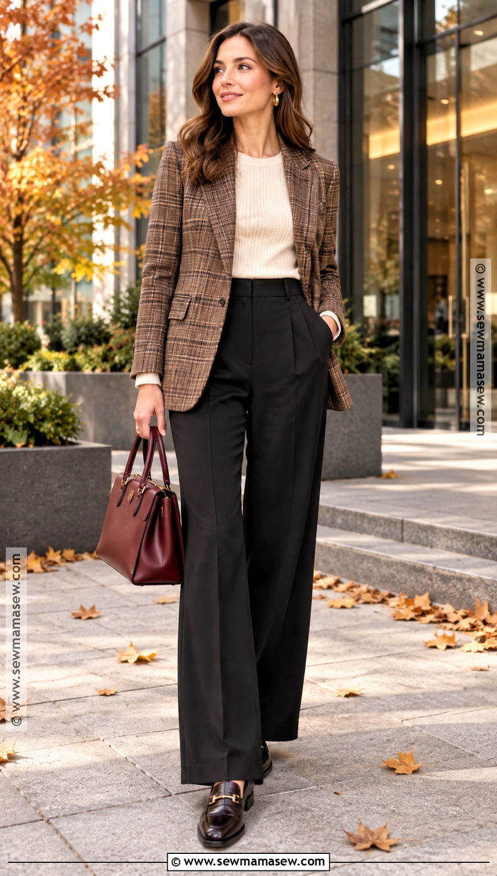 Plaid Blazer And Black Trousers Autumn Outfit - 30 outfit autumn ideas