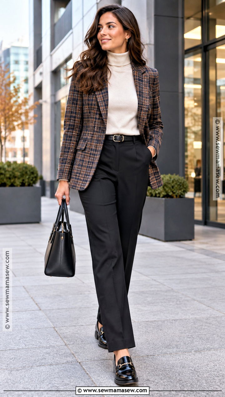 Plaid Blazer And Black Trousers Business Casual Outfit - 15 business casual outfits 2026 fall