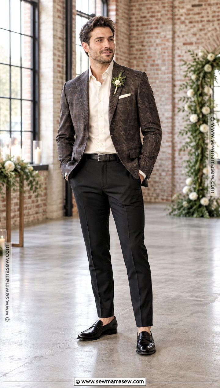 Plaid Blazer And Black Trousers Fall Groom Outfit - 15 casual fall groom attire ideas