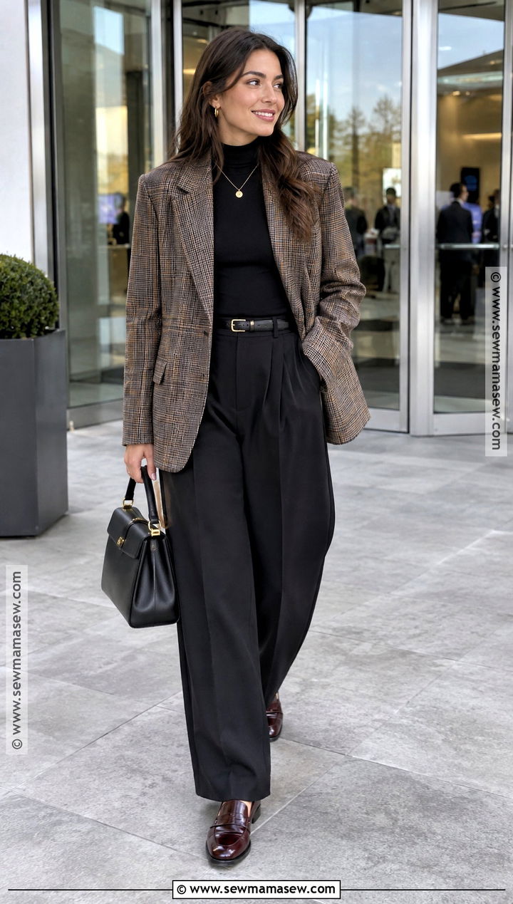 Plaid Blazer And Black Trousers Fall Outfit - 25 stylish fall outfits