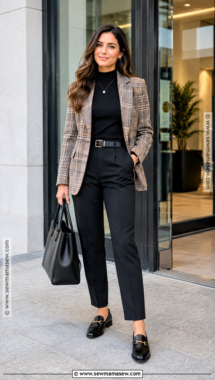 Plaid Blazer And Black Trousers Fall Outfit - 25 fall outfits women classy