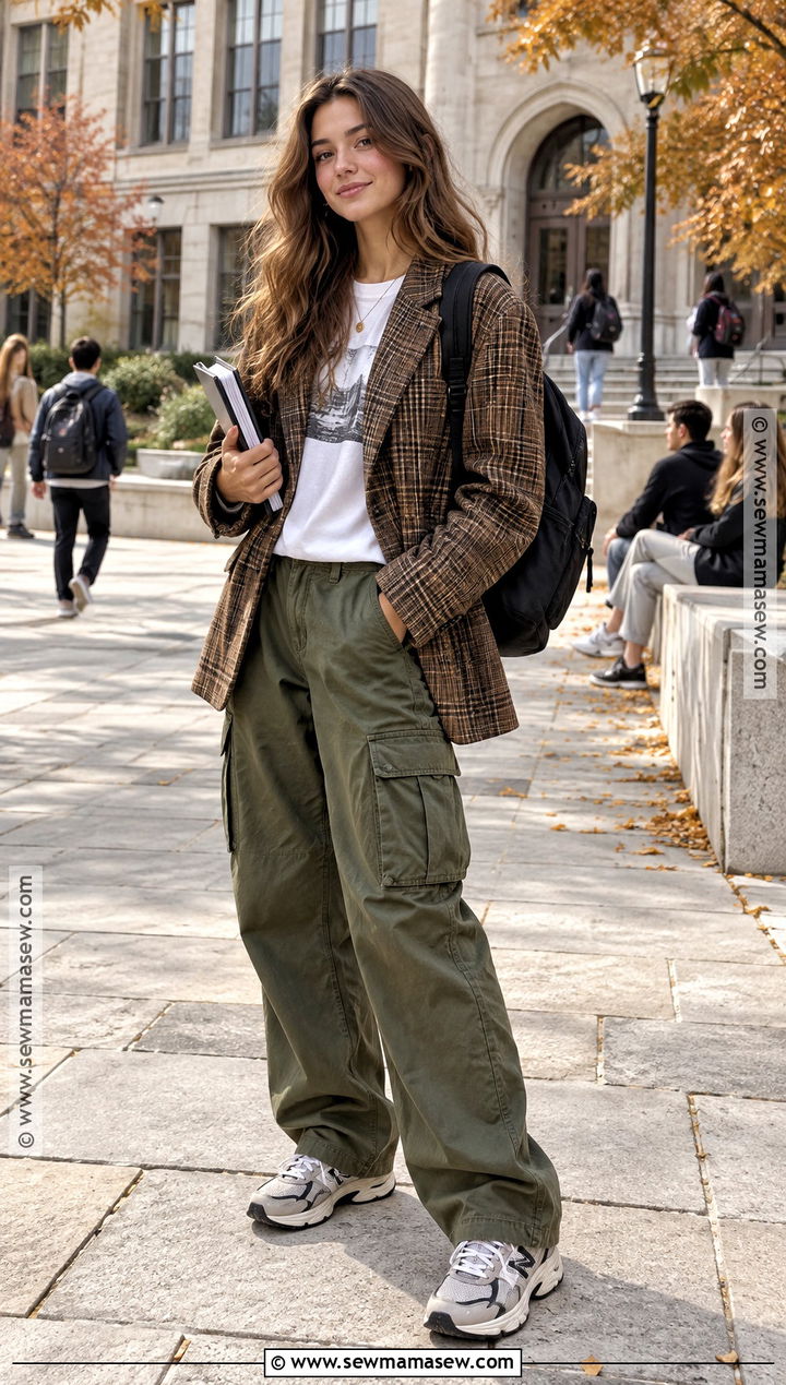 Plaid Blazer And Cargo Pants School Outfit - 20 autumn school outfit ideas