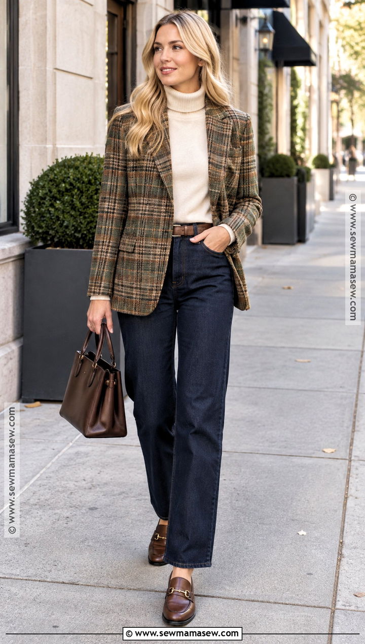 Plaid Blazer And Dark Jeans Outfit For Blonde Hair - 20 fall outfits blonde
