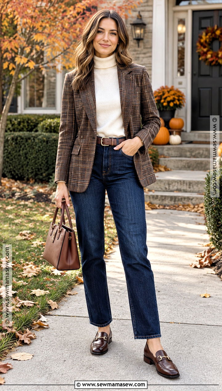 Plaid Blazer And Dark Jeans Thanksgiving Outfit - 25 Thanksgiving Dinner Outfit Ideas