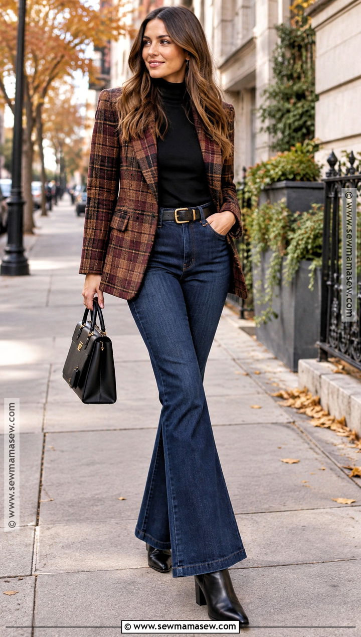 Plaid Blazer And Flare Jeans Fall Outfit - 15 Fall Outfits Ideas 2026