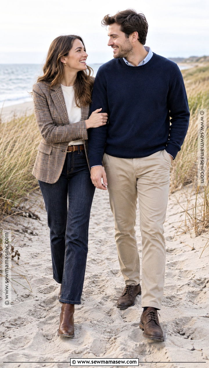 Plaid Blazer And Jeans Beach Engagement Outfit - 15 fall beach engagement photos outfit ideas