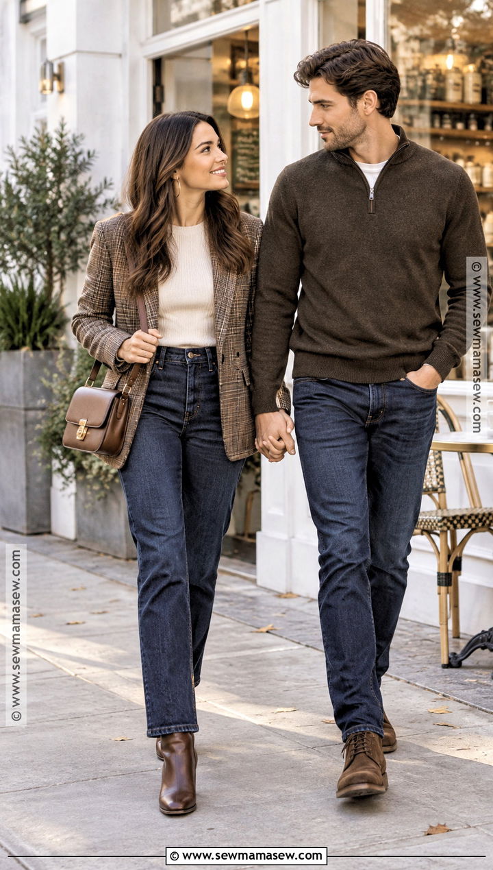 Plaid Blazer And Jeans Fall Engagement Photoshoot Outfit - 15 engament photoshoot outfit fall ideas