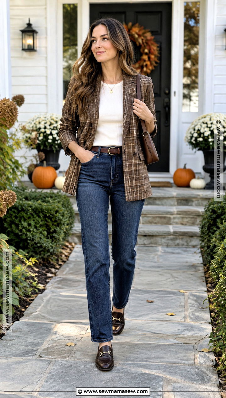 Plaid Blazer And Jeans Thanksgiving Outfit - 20 Women Thanksgiving Outfit Ideas
