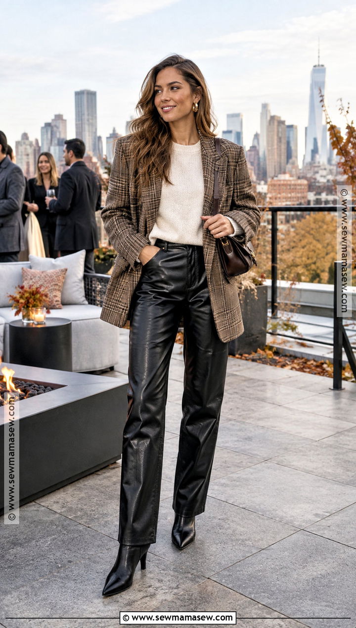 Plaid Blazer And Leather Pants Fall Party Outfit - 15 Outdoor Fall Party Outfit Ideas