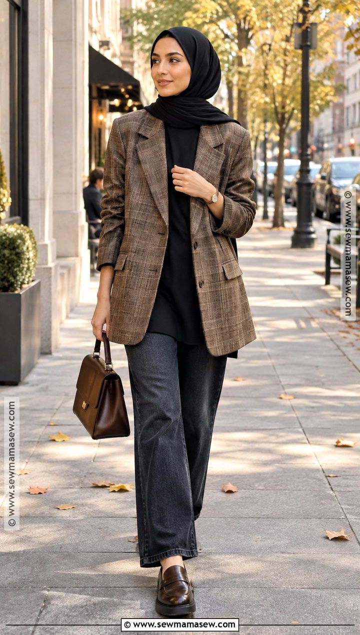 Plaid Blazer And Loose Jeans Fall Hijab Outfit - 20 fall outfit hijab ideas