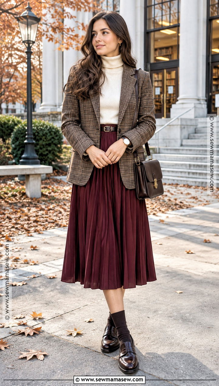 Plaid Blazer And Pleated Midi Skirt Fall Outfit - 15 Fashion Fall Ideas 2026