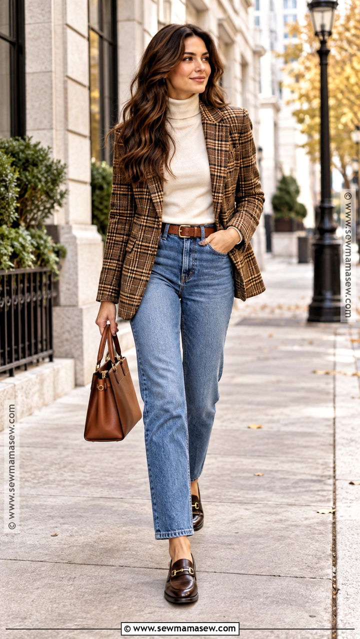 Plaid Blazer And Straight Jeans Brunette Fall Outfit - 20 Brunette Fall Outfits