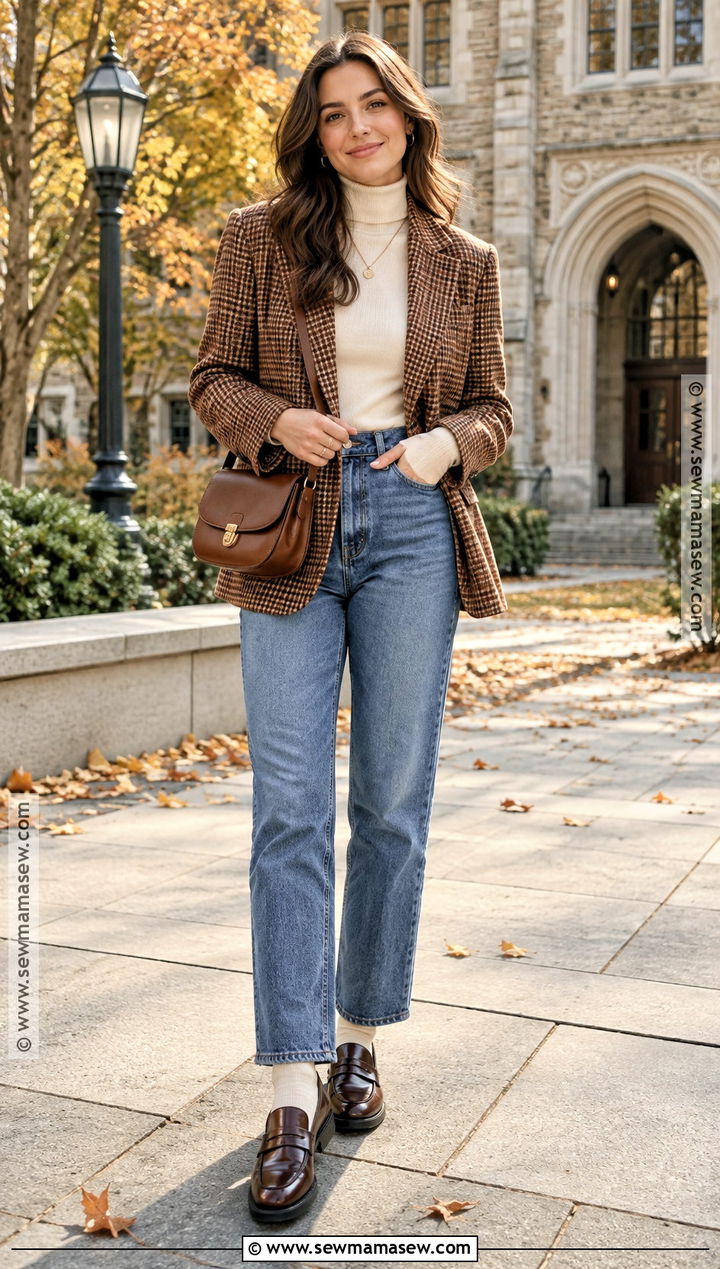 Plaid Blazer And Straight Leg Jeans Autumn Outfit - 15 autumn aesthetic outfit ideas 2026