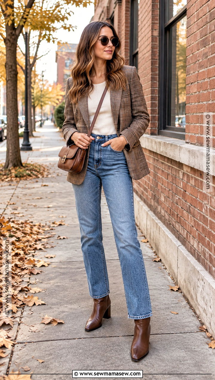 Plaid Blazer And Straight Leg Jeans Autumn Photoshoot Outfit - 15 autumn outfit photoshoot ideas