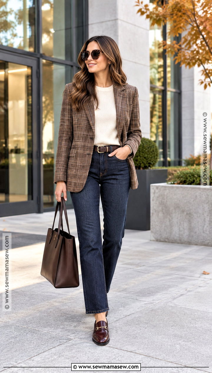 Plaid Blazer And Straight Leg Jeans Fall Outfit - 15 creative fall outfits
