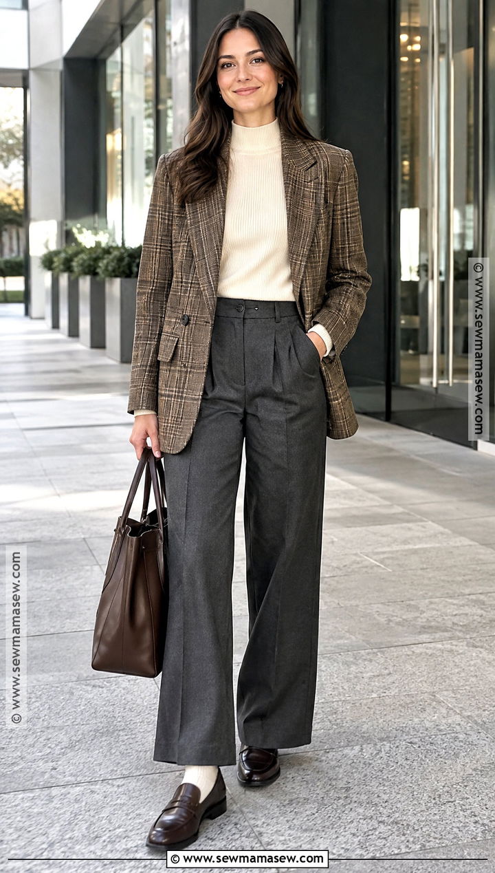 Plaid Blazer And Wide Leg Pants Fall Outfit - 15 Cute Fall Outfits For 2026